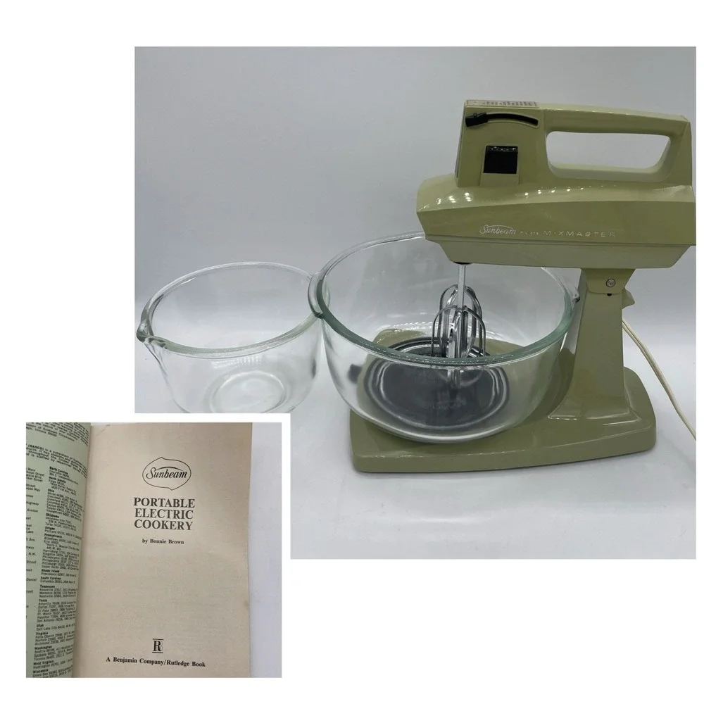VTG Sunbeam Vista Mixmaster Mixer Stand/Hand VEM-M Green 2 Glasbake Bowls Manual